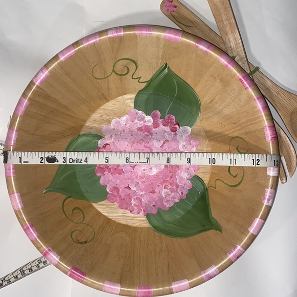 HP 🎉Pierrette Hand painted Hydrangea Green Leaf wooden bowl fork spoon server - Picture 9 of 14